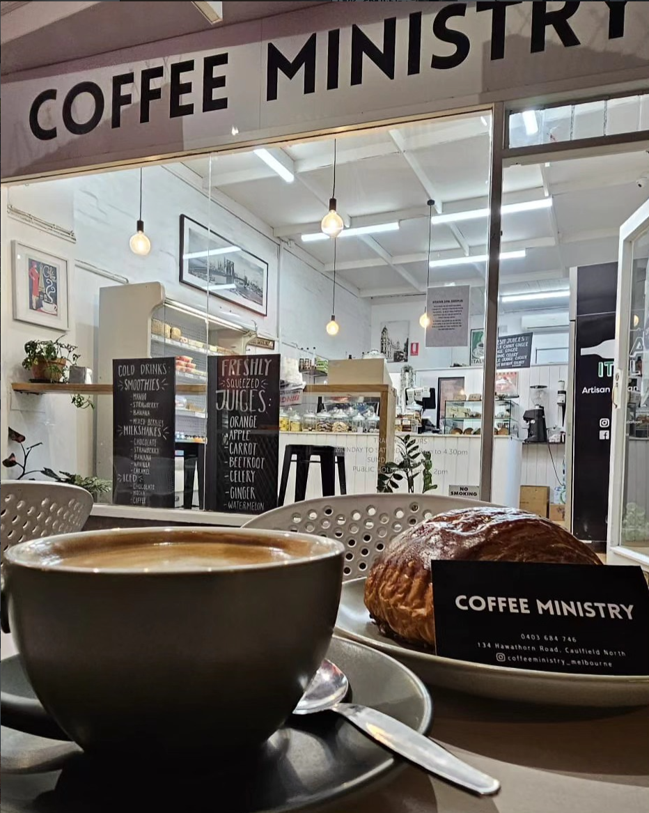 Coffee and pastry outside Coffee Ministry Caulfield North
